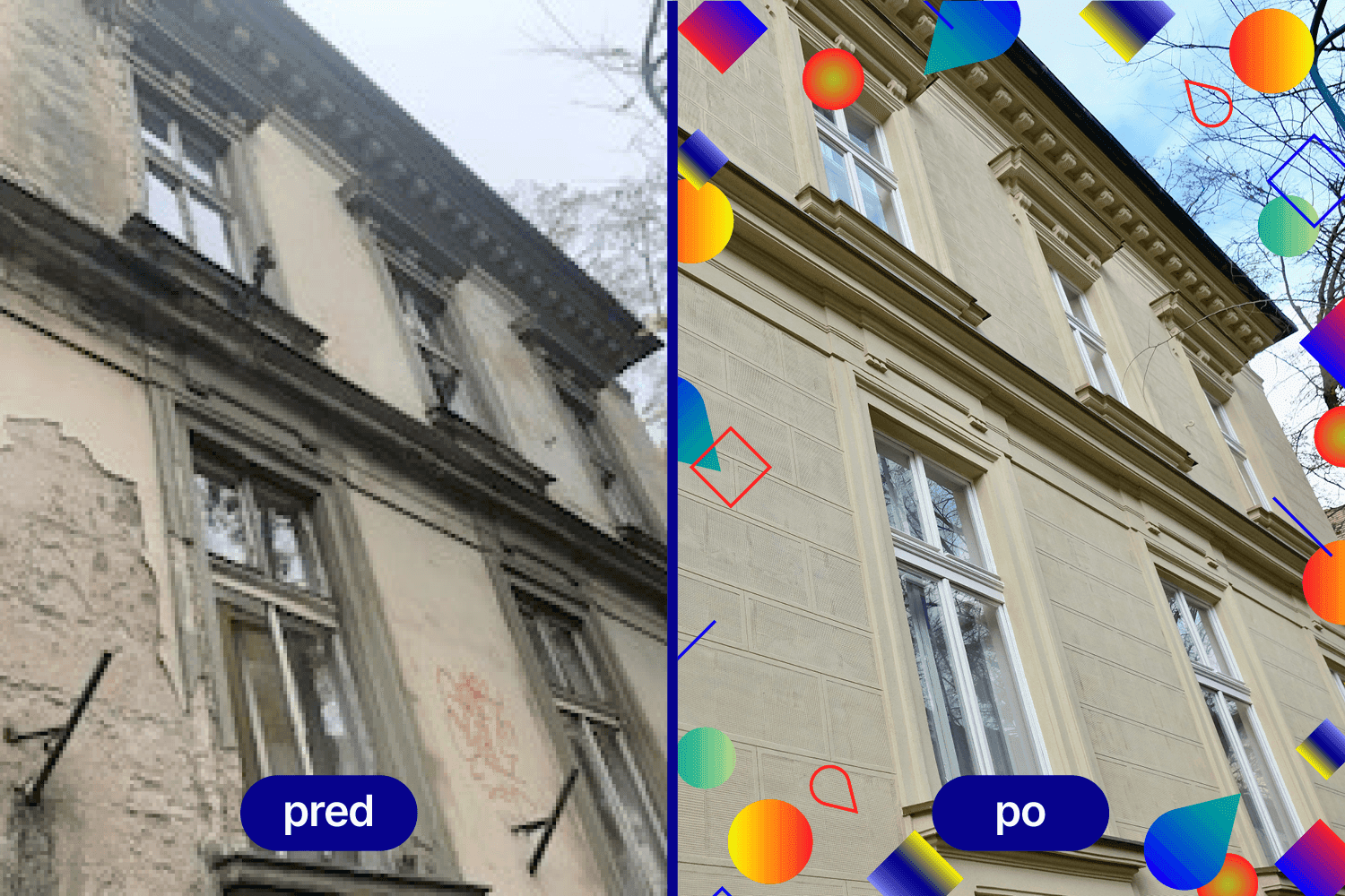 Foto pred a po realizácii rekonštrukcie toaliet na CVČ Gessayova, elokované pracovisko Štefánikova 35.