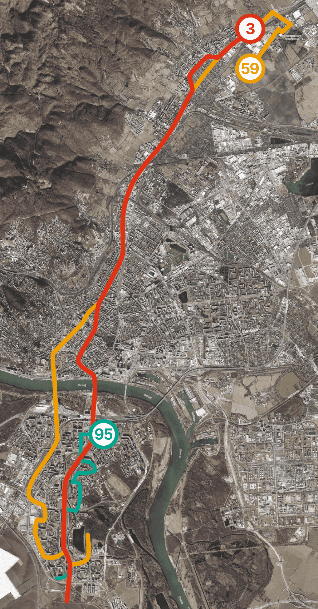 Mapa s farebne znázornenými trasami električkovej linky 3 a autobusových liniek 95 a 59.